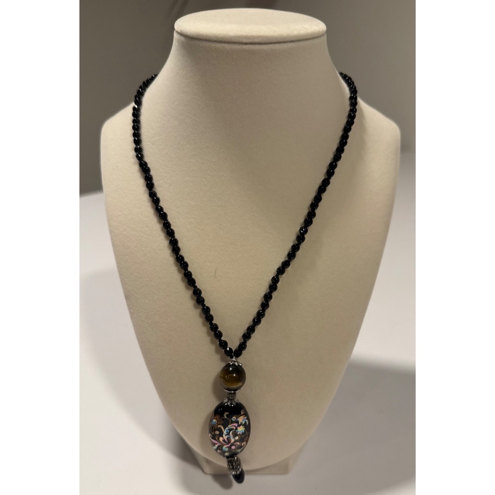 Black Beaded Necklace with Floral Oval Pendant and Tiger Eye Accent